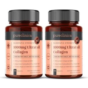 UltraColl Marine Collageen 1000 mg x 360 tabletten (2 flessen van 180 tabletten - 3 maanden voorraad). De enige gepatenteerde anti-aging collageen types I, II, III, and VII. SKU: UC3x2