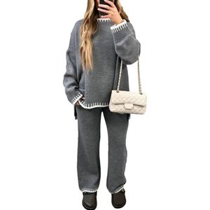 Chicmine Truisets 2-delige loungesets gebreide trui met lange mouwen tops gebreide trui wijde pijpen broek elastische hoge taille rechte broek loungewear trainingspakken voor herfst winter grijs XL