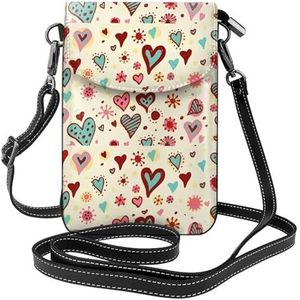 Kleurrijke hart patroon lederen cross body flip telefoon tas met afneembare schouderbanden, gebruikt voor reizen, dating, vakantie geschenken, Zwart, Eén maat
