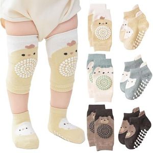 3 paar kniebeschermers om te krassen, 3 paar antislip sokken voor kinderen, met rubberen punten, geschikt voor baby's en kinderen van 0 tot 1 jaar (bruin + blauw + geel), Meerkleurig., S/L