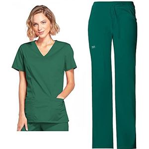 Dames Scrubs Set Werkkleding Core Stretch 4728 Mock Wrap Top & 24001P Trekkoord Cargo Broek, Hunter Groen-L Top/M Petite Broek