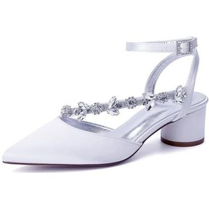 Womens Mid Block Heel Trouwschoenen voor Bruid Satijnen Enkelbandje Puntige Neus Jurk Avondfeest Slingback Hof Schoenen,Wit,36 EU