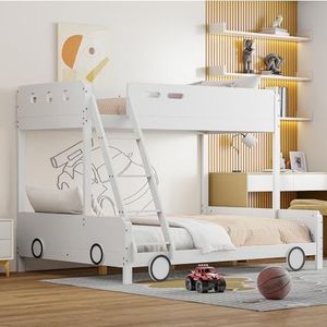 VSOGA Stapelbed met auto-design, bovenste bed 90 x 200 cm, onderste bed 140 x 200 cm, robuust massief houten bed voor kinderen, wit