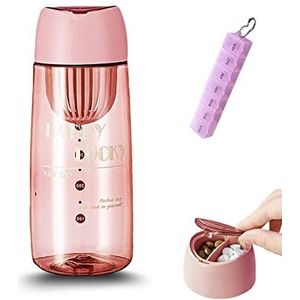 2-in-1 pillendoos, 7 dagen, draagbare pillendoos voor buiten, waterfles met pillendoos, 600 ml, 7 vakken, organizer voor kamperen, reizen (roze)