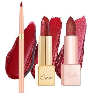 Oulac Rode lippenstift en liplinerset, matte metallic afwerking, sterk gepigmenteerd en hydraterende formule, glad en korrelvrij, veganistisch, 3 stuks