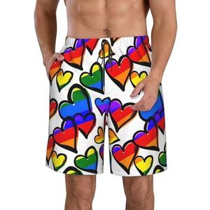 Regenboog Gekleurde Gay Pride Harten Print Heren Zwemmen Shorts Trunks Mannen Sneldrogende Ademend Strand Surfen Zwembroek met Zakken, Wit, XXL