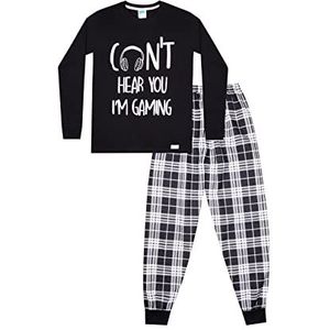 Can't Hear You I'm Gaming zwarte geruite katoenen lange pyjama, Zwart, 15-16 jaar