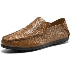 Heren loafers ronde neus effen kleur krokodillenprint lederen platte hak lichtgewicht resistente party slip-on (Color : Brown, Size : 42 EU)