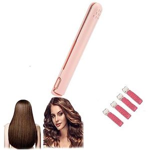 Reiskrultang Mini, met 4 stuks volumegevende haarclips Dual-Purpose krultang, stijltang en krultang 2 in 1, kleine krultang, draadloze krultang(Pink)