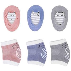 Babykruipen, 3 paar babykniebeschermers en 3 paar babysokken met rubberen punten, antislip, voor baby's, kruiphulp, kniebeschermers, 0-24 maanden, grijs, blauw, roze, S
