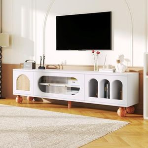 Crlnaup Tv-meubel, tv-meubel met rotanachtige deur, glazen schuifdeur, drie open booggebieden, lowboard met gouden handgrepen en massieve houten poten.
