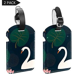 PU Lederen Bagage Tags met Witte Zwaan Naadloze Patroon Op Polka Dots Zwarte Achtergrond Print Naam ID Labels voor Reistas Bagage Koffer met Terug Privacy Cover 2 Pack