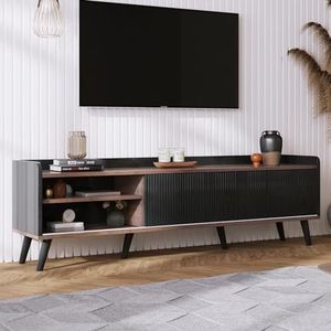 Aunvla Tv-kast met twee laden, TV tafel TV board, TV Lowboard lage plaat met twee schuifdeuren. Prachtige textuur. Zwart en natuurlijke houtkleur. H58/L160/T40 cm
