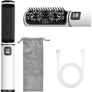 OBEST Draadloze stijlborstel, mini-stijltang, borstel, draagbare pluizige kam voor vrouwen, 2-in-1 gladde haarborstel, met 4 instelbare temperaturen, 140 °C - 200 °C