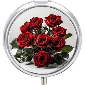 Pil Organizer Leuke Ronde, Boeket van Rode Bloemen Gedrukt Grappige Pillendoos Grote 3 Compartiment Wekelijkse Maandelijkse Reizen Draagbare Pocket Purse Pil Container
