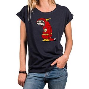 MAKAYA Grappig T-Shirt Voor Dames Met Print Korte Mouwen Ronde Hals Losjes Gesneden - Flash Luiaard - Donkerblauw Maat L