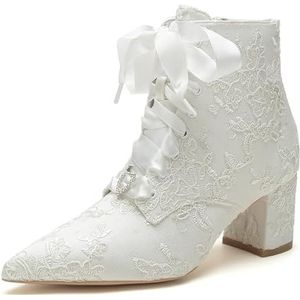Dames Blokhak Laarzen Met Veters Voor De Bruid, Met Zijrits, Puntige Neus, Korte Enkelboots,ivoor,35 EU