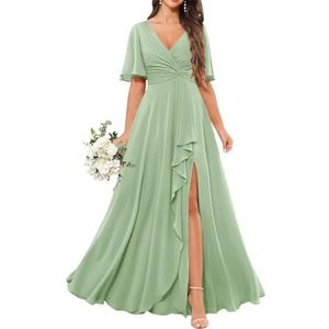 Chiffon bruidsmeisjesjurken voor dames, met spleetplooien, formele avondjurken, grote maten, Sage Groen, 32