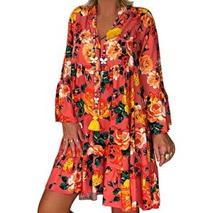 Boho mini-jurk dames losse vintage bloemenprint zonnejurk casual knoop V-hals 3/4 mouw ruches korte A-lijn jurk zomer strand party jurken grote maat, ORANJE, 5XL
