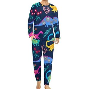 Leuke dinosaurussen Yard comfortabele heren pyjama set ronde hals lange mouwen loungewear met zakken 4XL