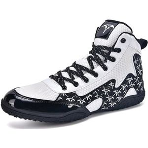 ZHENSI Heren Boksschoenen Zero Drop Lichtgewicht Worstelsneakers Hoge Fitness Vechtsport Trainingsschoenen,Wit,38 EU