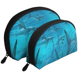 Make-uptas, cosmetische reistas 2 stuks draagbare clutch pouch set zakje organizer onderwater haai groep zee blauw, zoals afgebeeld, Eén maat
