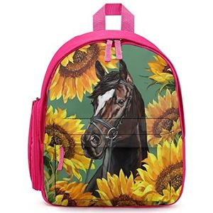 Paarden met zonnebloemen rugzak bedrukte laptop rugzak schoudertas casual reizen dagrugzak voor mannen vrouwen roze stijl