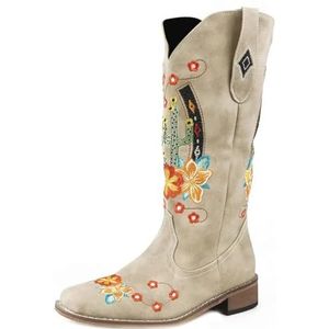 Lmtossey Dames westerse cowboy halfhoge laarzen retro geometrische geborduurde laarzen retro klassieke laarzen plateauschoenen, Beige, 43 EU