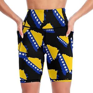 Bosnië vlag met kaart dames yoga biker shorts hoge taille workout broek met zakken