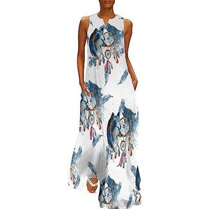 Aquarel dromenvanger met twee wolven dames enkellengte jurk slim fit mouwloze maxi-jurken casual zonnejurk 4XL