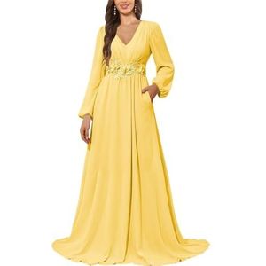 KURFACE Bruidsmeisjesjurk met lange mouwen en zakken, kanten applicatie, chiffon, moederjurk van de bruid, Geel, 32