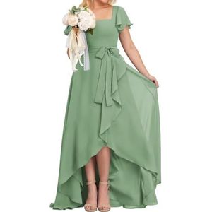 High-Low Prinses Bruidsmeisjesjurken Vierkante Hals Galajurk Chiffon Formele Avondfeestjurk met Mouwen, Sage Groen, 40