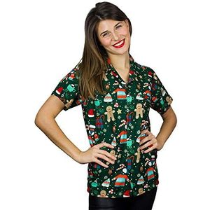 King Kameha Originele Funky Hawaïhemd blouse | Dames | XS - 6XL | Korte Mouw | Voorzak | Hawaïprint | Kerstmis Kerstman Kerstavond | Verschillende designs, Gingerbreadgreen, XXL