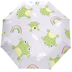 Regenboog Kikker Leuke Cartoon Automatische Opvouwbare Paraplu UV Bescherming Auto Open Sluiten Vouwen Winddicht Zonblokkering voor Reizen Strand Vrouwen Kids, Patroon, 88 cm