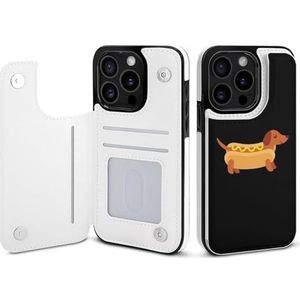 Teckel in hotdog broodje met mosterd, openklapbaar telefoonhoesje compatibel voor iPhone 15 Pro, schattig portemonneehoesje, telefoonhoesje met kaarthouder