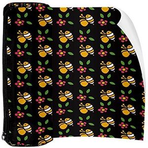 Potlood Case Pen Tas Houder met Rits Coin Organizer Tassen Make-up Cosmetische Pouch voor Vrouwen Tiener Meisjes Jongens Kinderen, Leuke Bijen Rood Bloemenpatroon Zwart