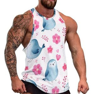 Lente vogels en bloemen heren tanktop grafische mouwloze bodybuilding T-shirts casual strand T-shirt grappige sportschool spier