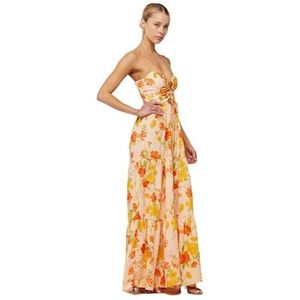 Zomerjurk met bloemenprint for dames, maxi-jurken met bandjes, uitgeholde strik en zwierige strandjurken(Orange 2,XL)
