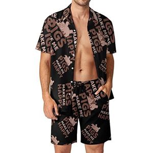 Varkens Make Me Happy Hawaiiaanse sets voor heren, button-down trainingspak met korte mouwen, strandoutfits, XL