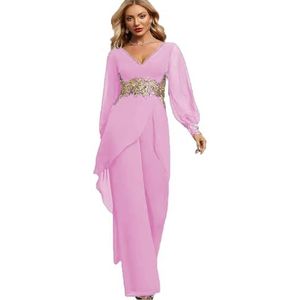 ORBITRAY Jumpsuit voor dames, voor moeder van de bruid, broekpak, V-hals, chiffon, avondjurk met gouden applicaties, roze, 4