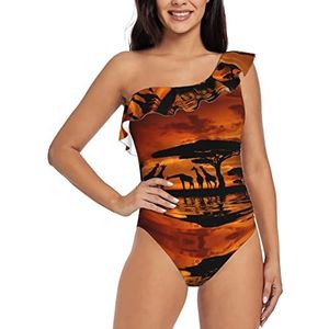 ALLiYa Houtnerf één schouder gegolfd badpak uit één stuk geschikt voor zwembaden, strandfeesten, enz., Giraffe onder de boom in Afrika, S