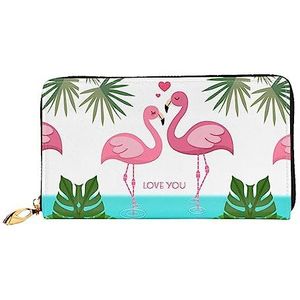 DEHIWI Palm Leaf En Flamingo's Paar Lederen Zip Rond Portemonnee Vrouwen Clutch Purse Reizen Kaarthouder Tas Gift, Zwart, Eén maat