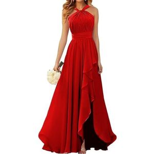 Halter Prinses Bruidsmeisjes Jurken Geplooide Galajurken Ruche Chiffon Split Formele Avond Party Gown ZM212, Rood, 32