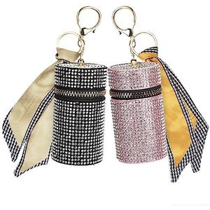 Adorila 2 Pack Lippenstift Case Sleutelhanger, Lederen Diamant Lipgloss Houder, Travel Lipstick Organizer voor Vingernagellak, Zwart, Roze, Modern