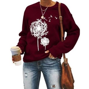 MLZHAN Paardebloem Print Vrouwen Sweatshirt Herfst Winter Ronde hals Lange Mouw Shirt Paardebloemen Truien Sweatshirts Jas Tops, wijnrood, S
