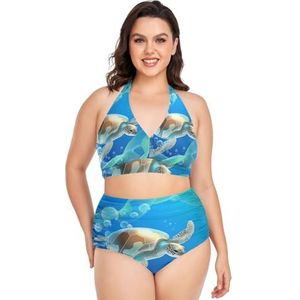 Blauwe Zeeschildpad Dier Vrouwen Bikini Sets Plus Size Badpak Twee Stukken Hoge Taille Strandkleding Meisjes Badpakken, Pop Mode, L