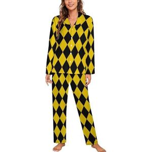 Geel En Zwart Diamant Patroon Vrouwen Pyjama Sets Tweedelige Button Down Nachtkleding Lange Mouw Top En Broek Loungewear