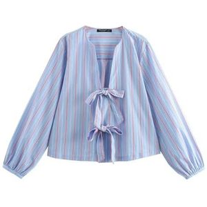 ZBJZUIMEI ladies tops Women Plaid Puff Long Sleeve Blouse Y2k Blue White Striped Shirts For Cute Tie Front Babydoll Crop Tops-blue-l