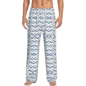 OKFSTY Kleine Blauwe Walvis Zwemmende Heren Pyjama Broek,Pyjama Polyester Broek Voor Mannen Zachte Lange Lounge Pj Slaap Broek Met Zakken, Wit, S