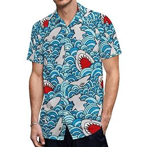 Mooie cartoon haai heren Hawaiiaanse shirts korte mouw casual shirt button down vakantie strand shirts XS